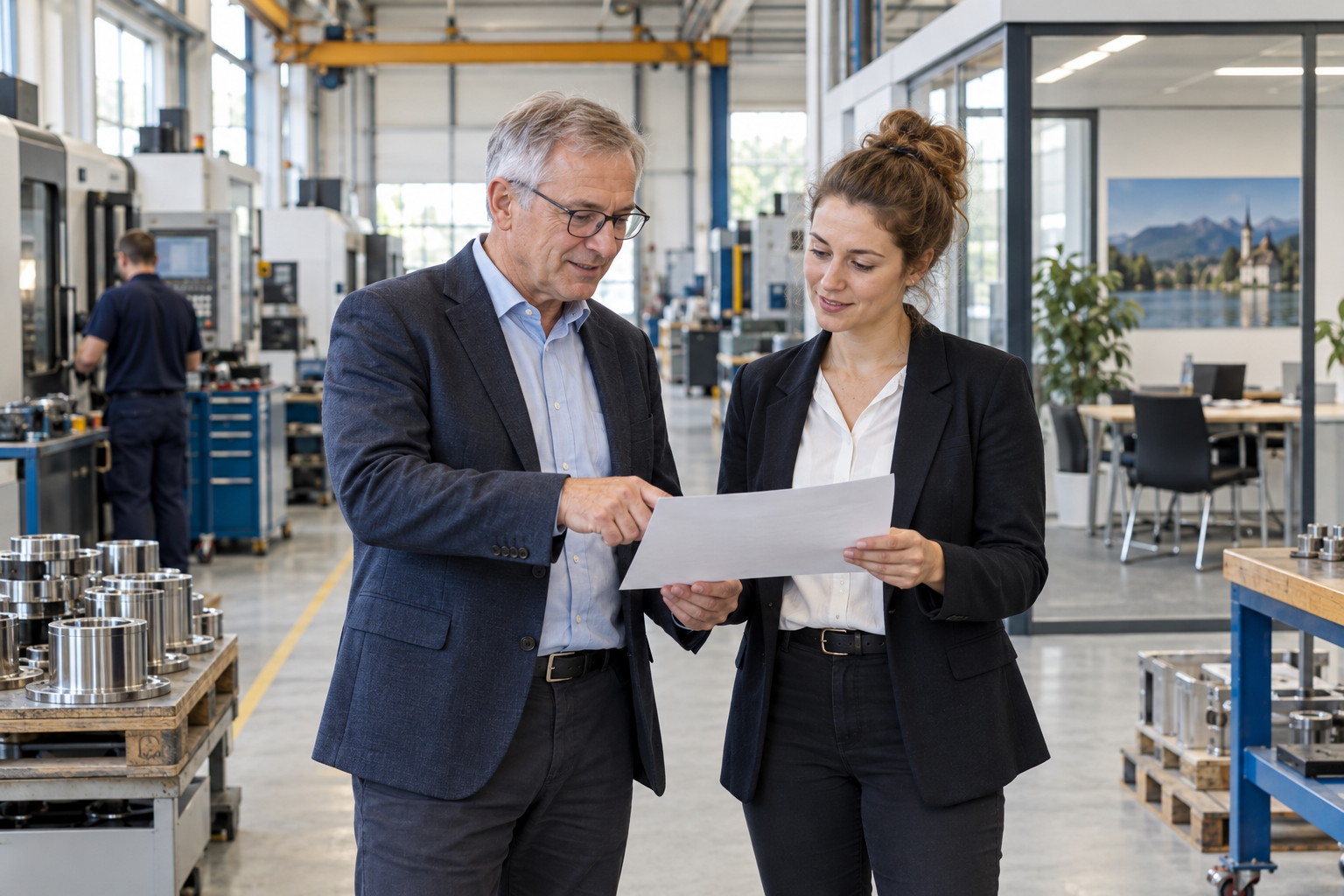 Zwei Personen besprechen Unterlagen in einer Produktionshalle